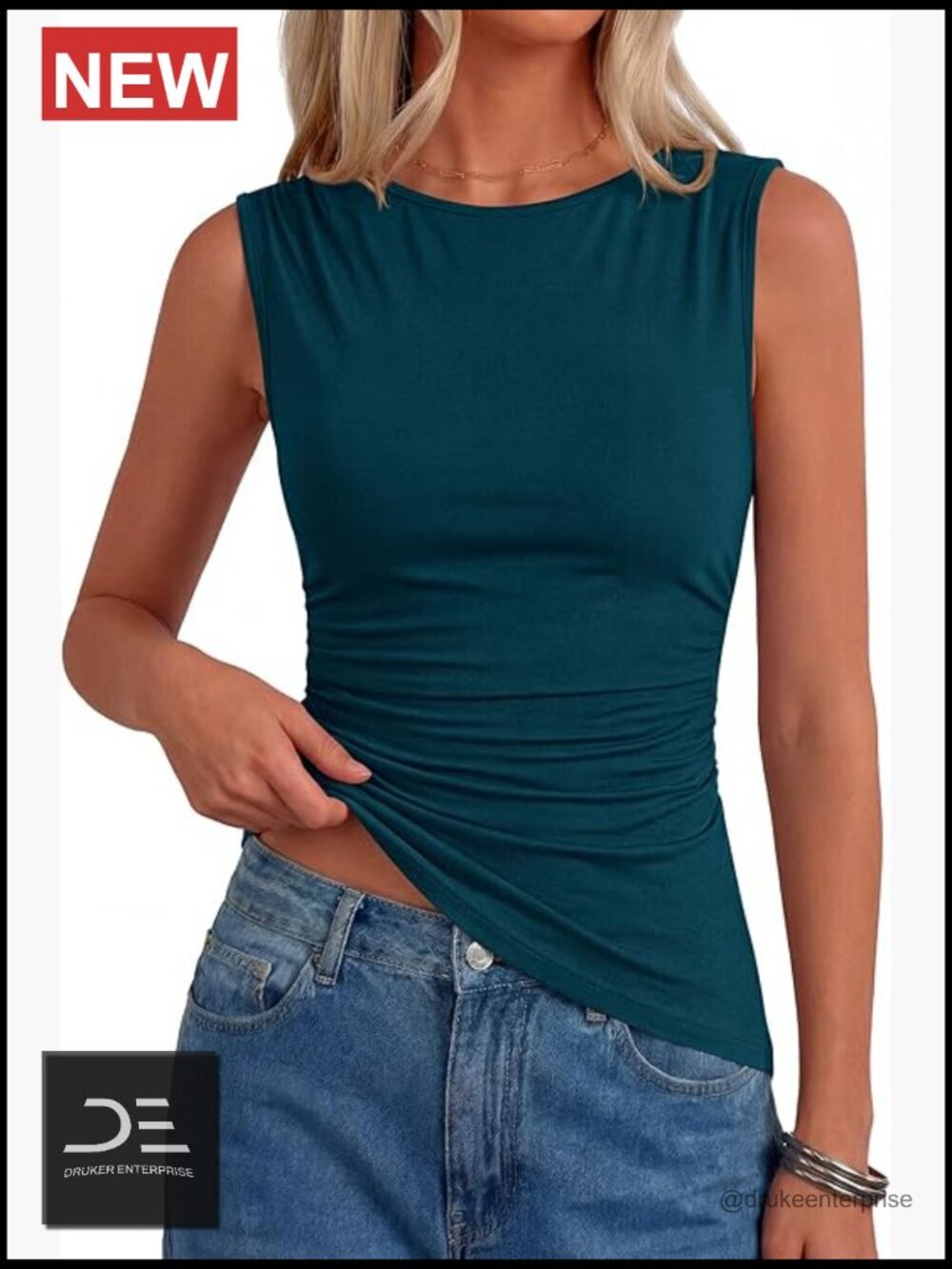 Boat Neck Sleeveless Slim Fit Ruched Tank Top Asymmetrical Blouse